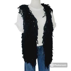 🔥Hem & Thread Black Crochet Chunky Yarn‎ Sleeveless Open Sweater Vest OSFA
